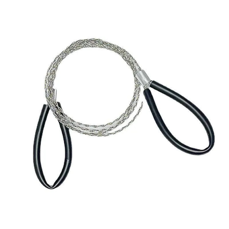 Black and red outdoor survival wire saw with leather case showing 600mm German stainless steel four-strand blade