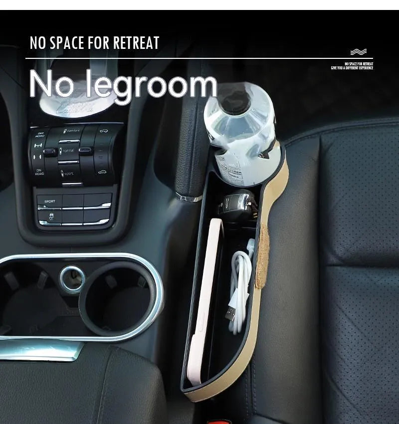 Leather car seat gap storage box with a cartoon bear design, shown hanging between vehicle seats.