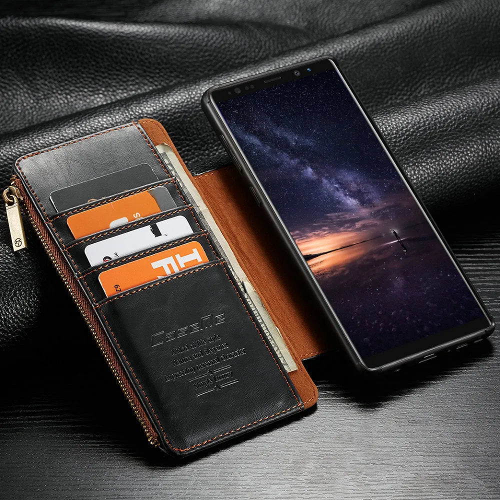 Black PU leather flip phone case for Samsung Galaxy Note9, shown open and closed.