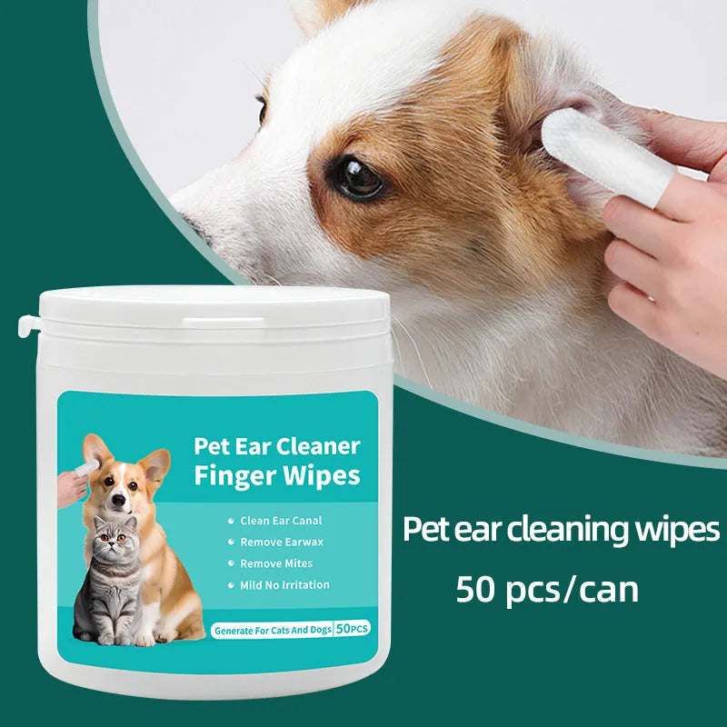 Box of disposable pet cleaning wipes for ear care and teeth cleaning for cats and dogs.