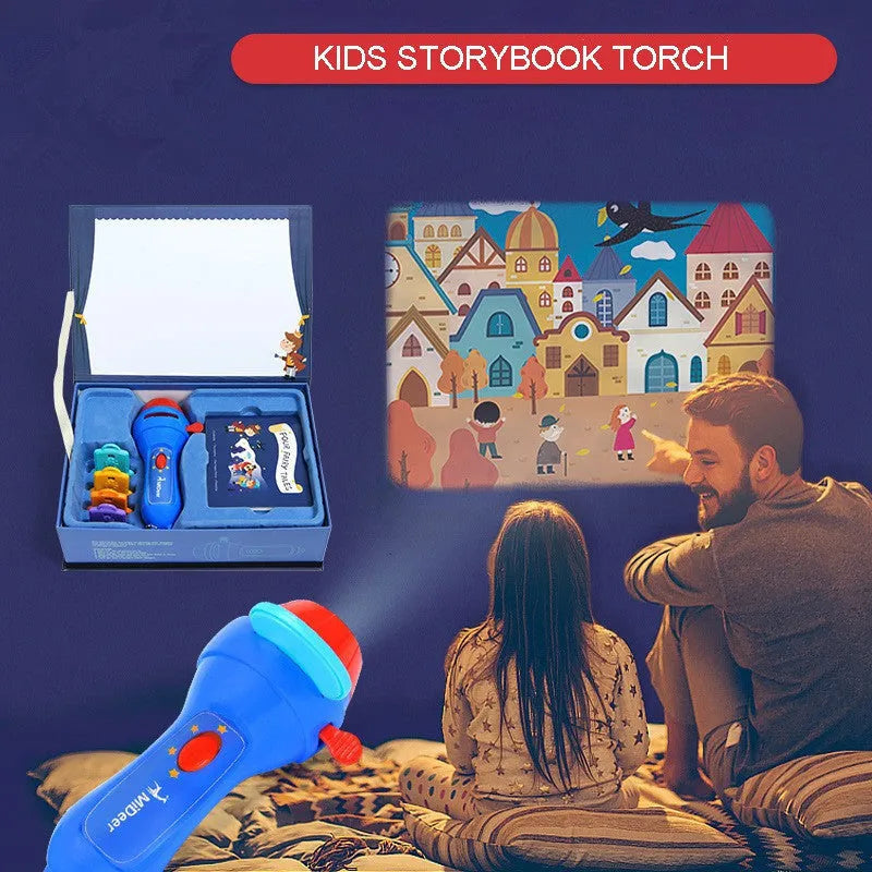 SmartKids children's story projector torch with four fairy tale discs projecting images on bedroom wall