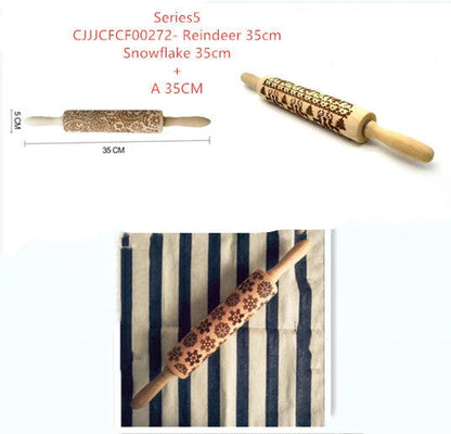 Personalized Christmas rolling pin with a variety of embossed holiday designs, including snowflakes, reindeer, and Merry Christmas patterns