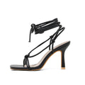 Lace-up stiletto heels with square toe, super high heel, available in black and white