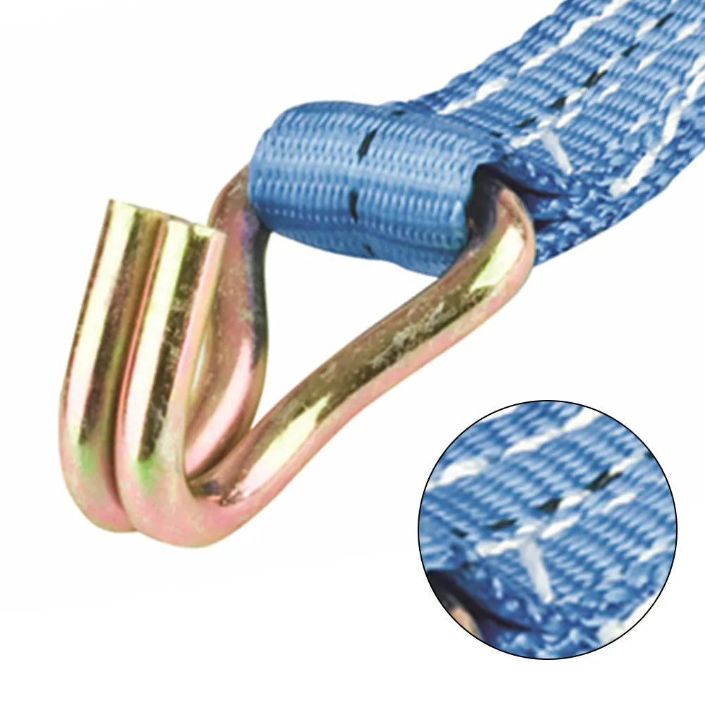 Steel ratchet tensioner tool with a black polyester strap and double metal hooks for securing cargo.