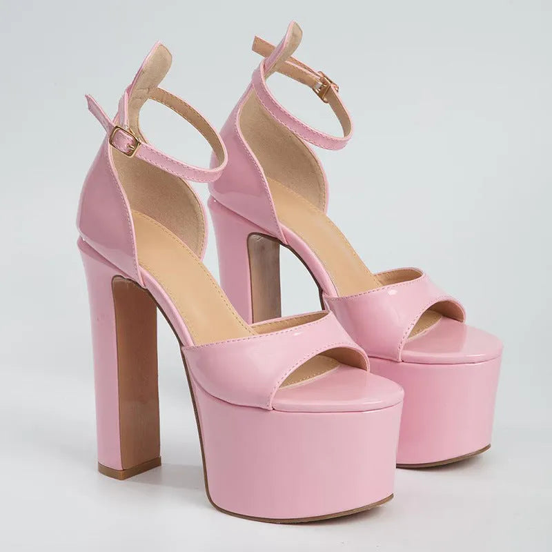 Women's waterproof platform super high heel word buckle high heels in black, pink, and apricot, sizes 35-40