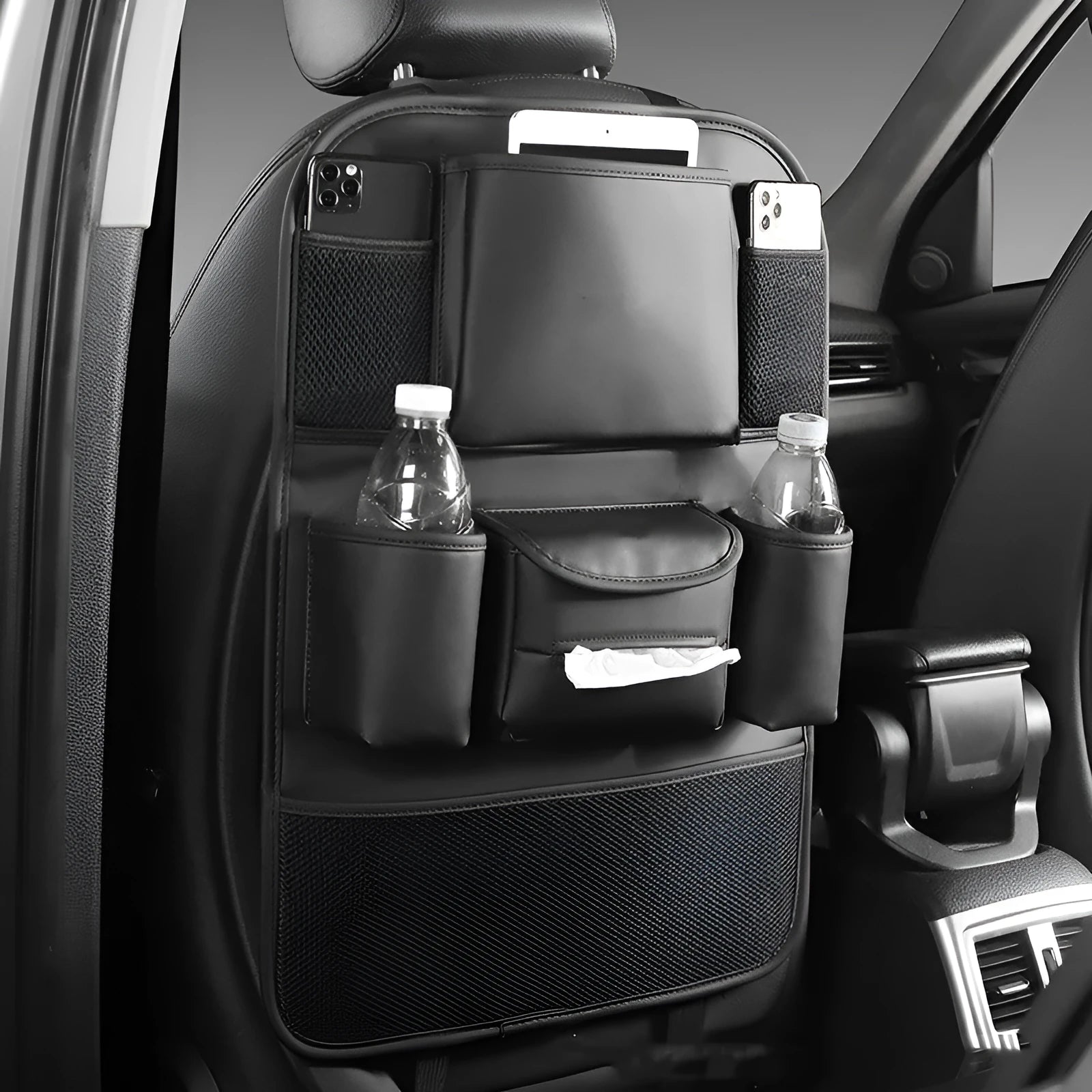 Leather car seat back storage bag shown in available colours: black, grey, green, and brown.
