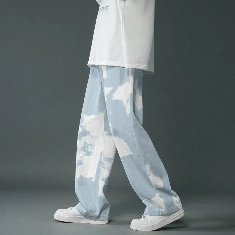 Boys tie dyed denim straight leg pants in blue, cotton material, straight cut