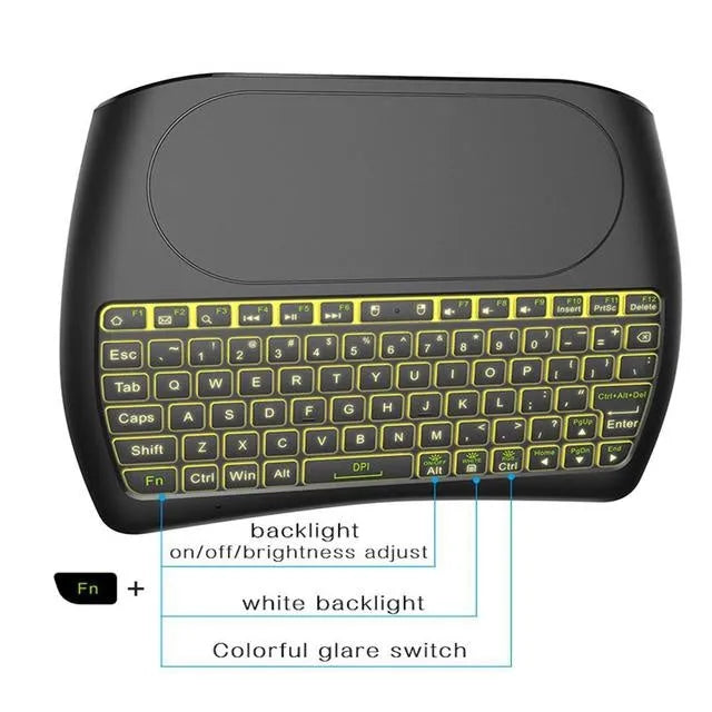 Black D8 Pro wireless mini keyboard with built-in touchpad and 78 QWERTY keys