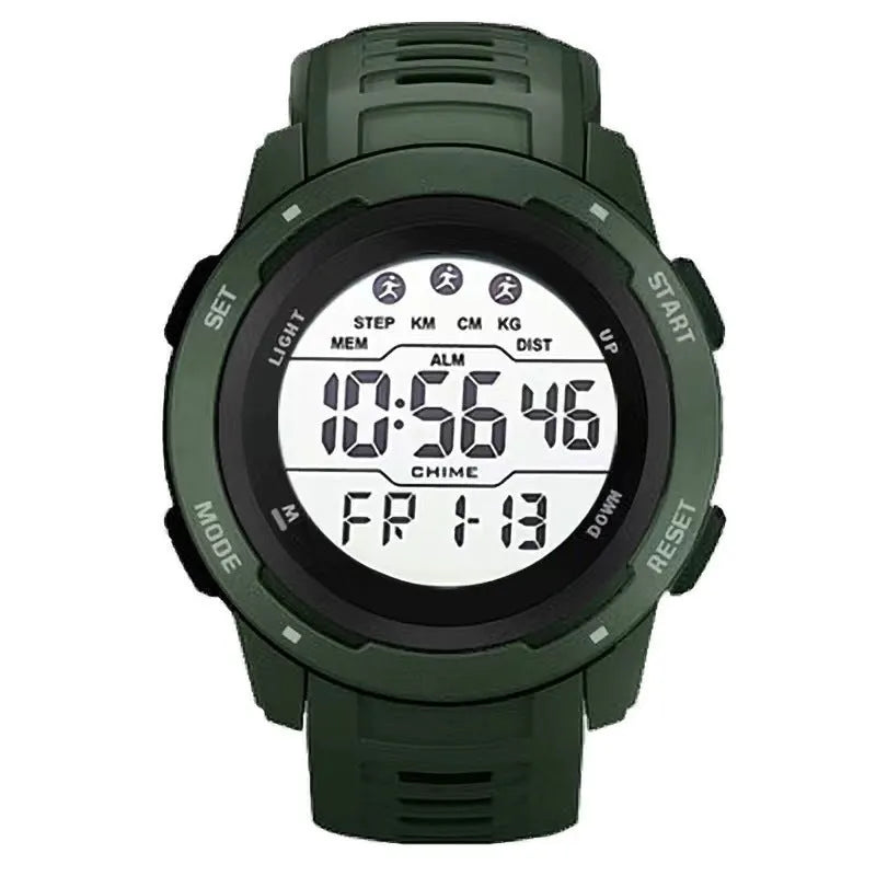 Men's Korean-style simple multi-functional electronic watch with green silicone strap and 50mm dial