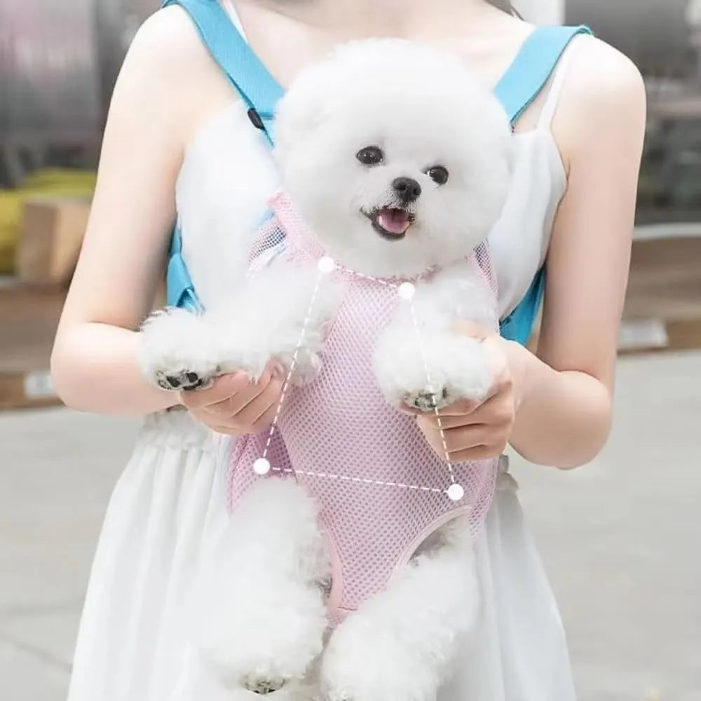 Furry Pawsy pet carrier backpack with leg holes, breathable mesh, adjustable straps, available in multiple colours and sizes