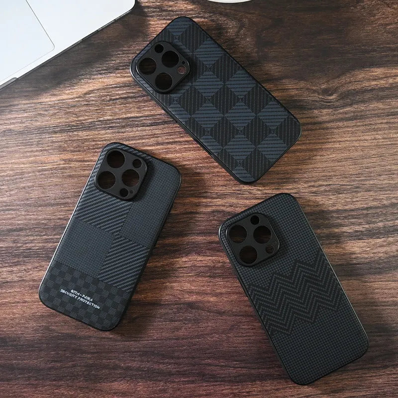 Black creative anti-fall imitation leather phone case for iPhone with wave pattern, shockproof and fingerprint-proof design.