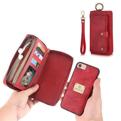 Multifunctional zipper wallet case for iPhone X and 6/7/8 Plus in black, with detachable inner shell, belt clip, card slot, and zip pocket.
