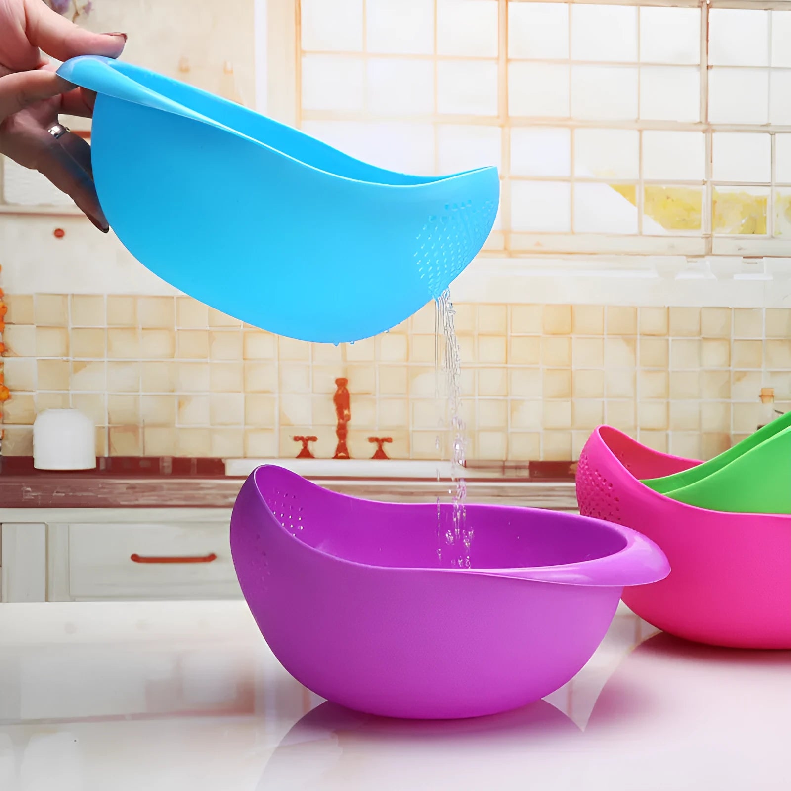 Plastic drain washing rice sieve basket in Blue 22.2x17.4x13cm multi-purpose kitchen colander