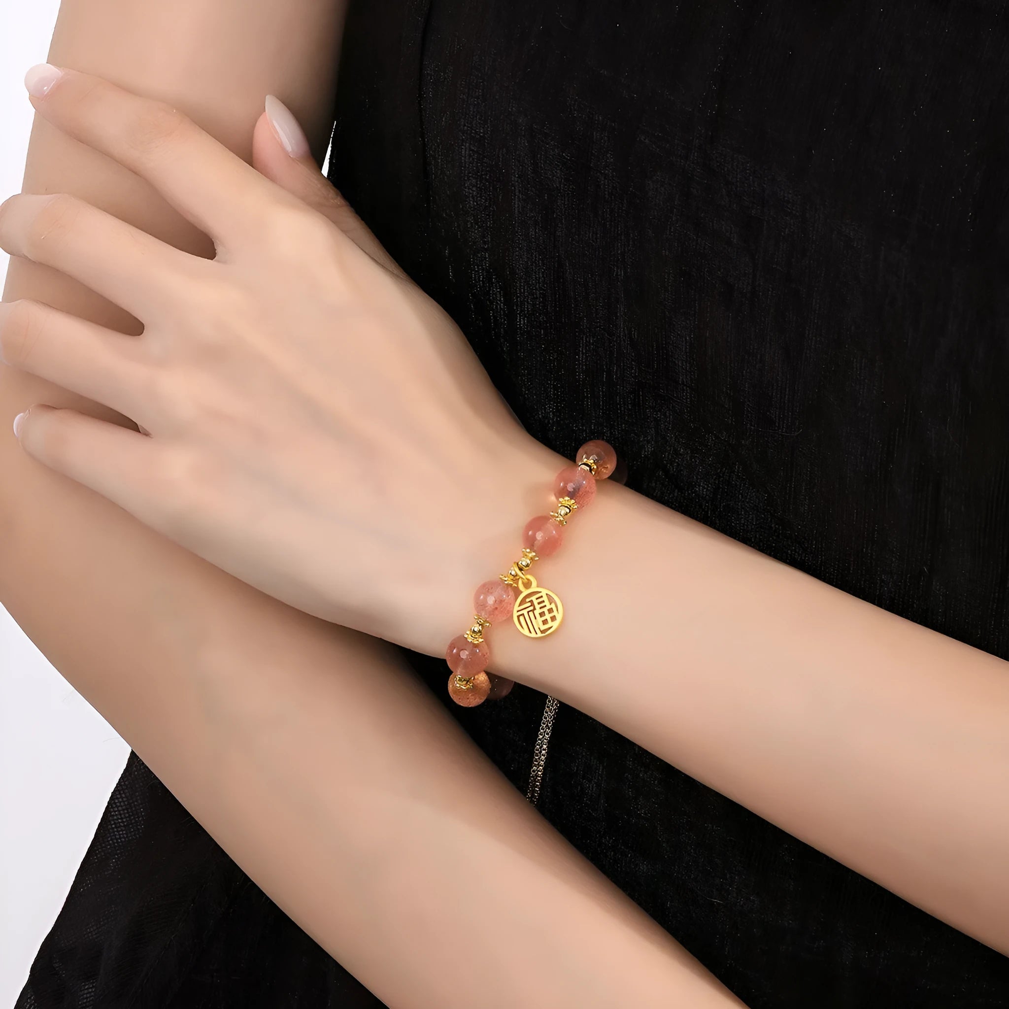 Women's Strawberry Quartz crystal bracelet with geometric design and Fu character, electroplated metallic finish