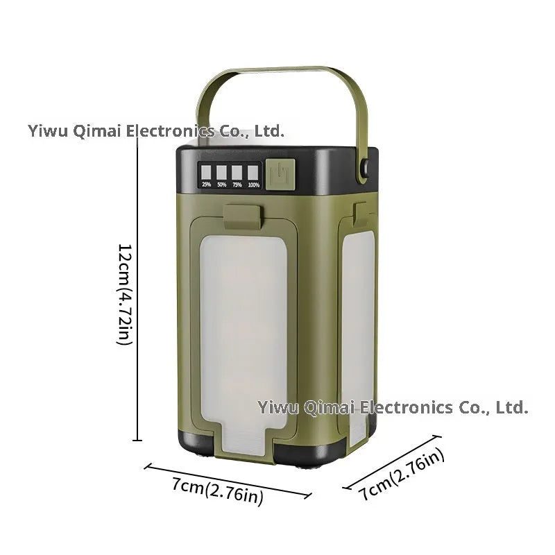 Solar camping light with four-leaf folding belt, press switch, 12 x 7 x 7 cm size and built-in 2000 mAh 18650 battery