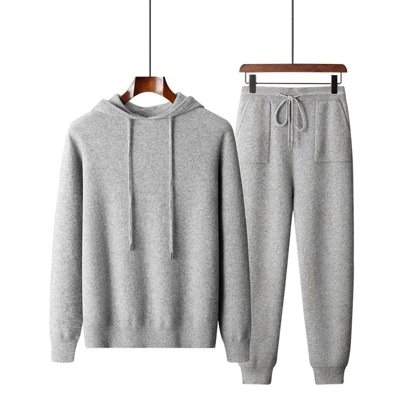 Men's light grey cashmere knitted hoodie and trousers casual winter set.