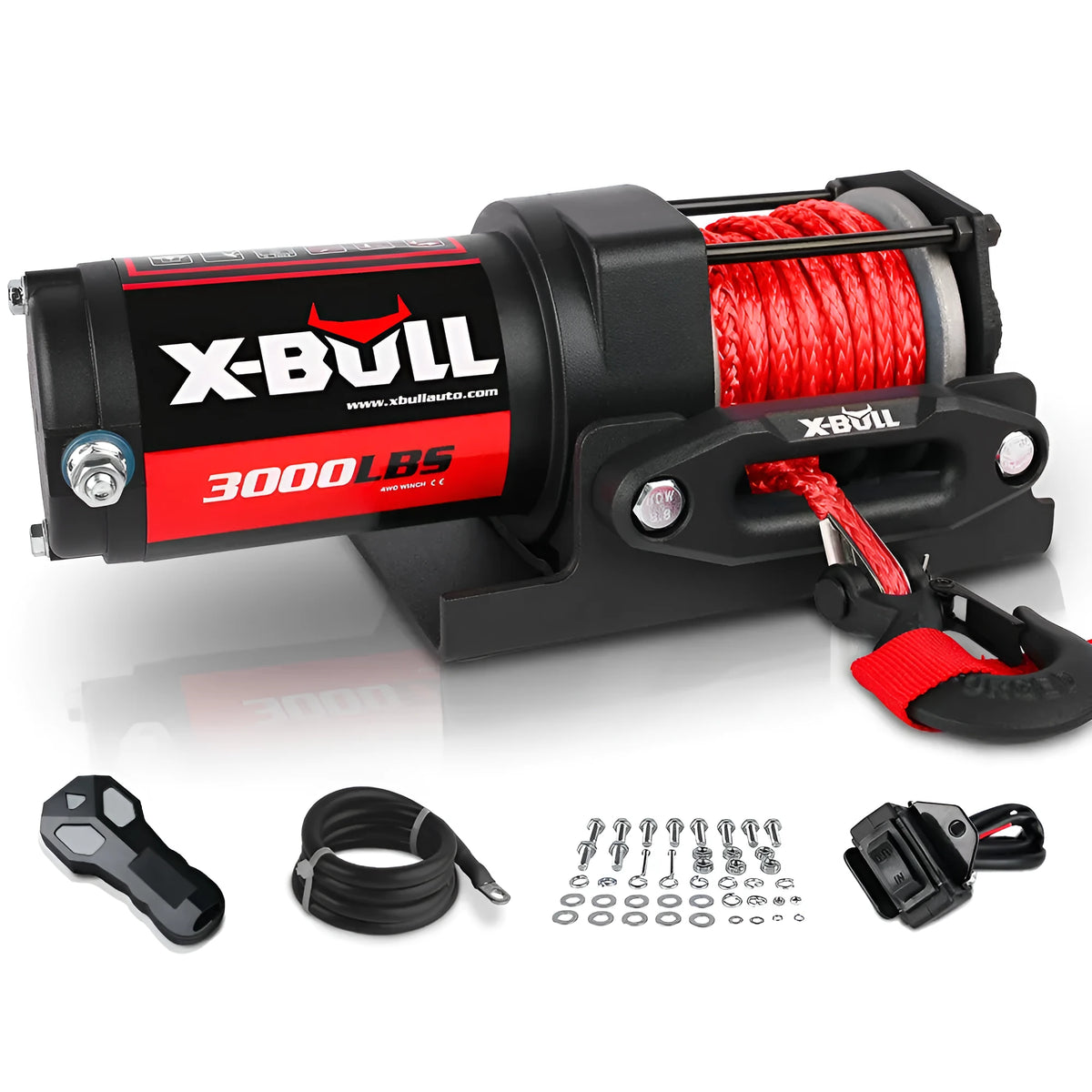 3000 lb electric winch with nylon rope, black, for off road vehicle self rescue, with mounting plate and remote controls
