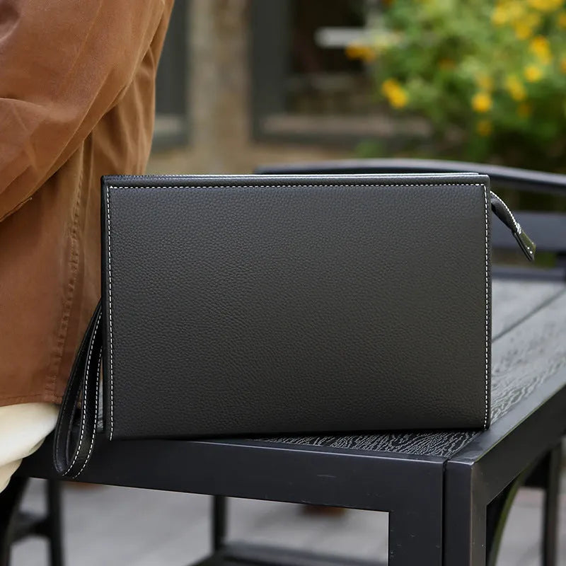 New Clutch Men's Briefcase Soft Leather Black PU Material Sewing Thread Business Handbag