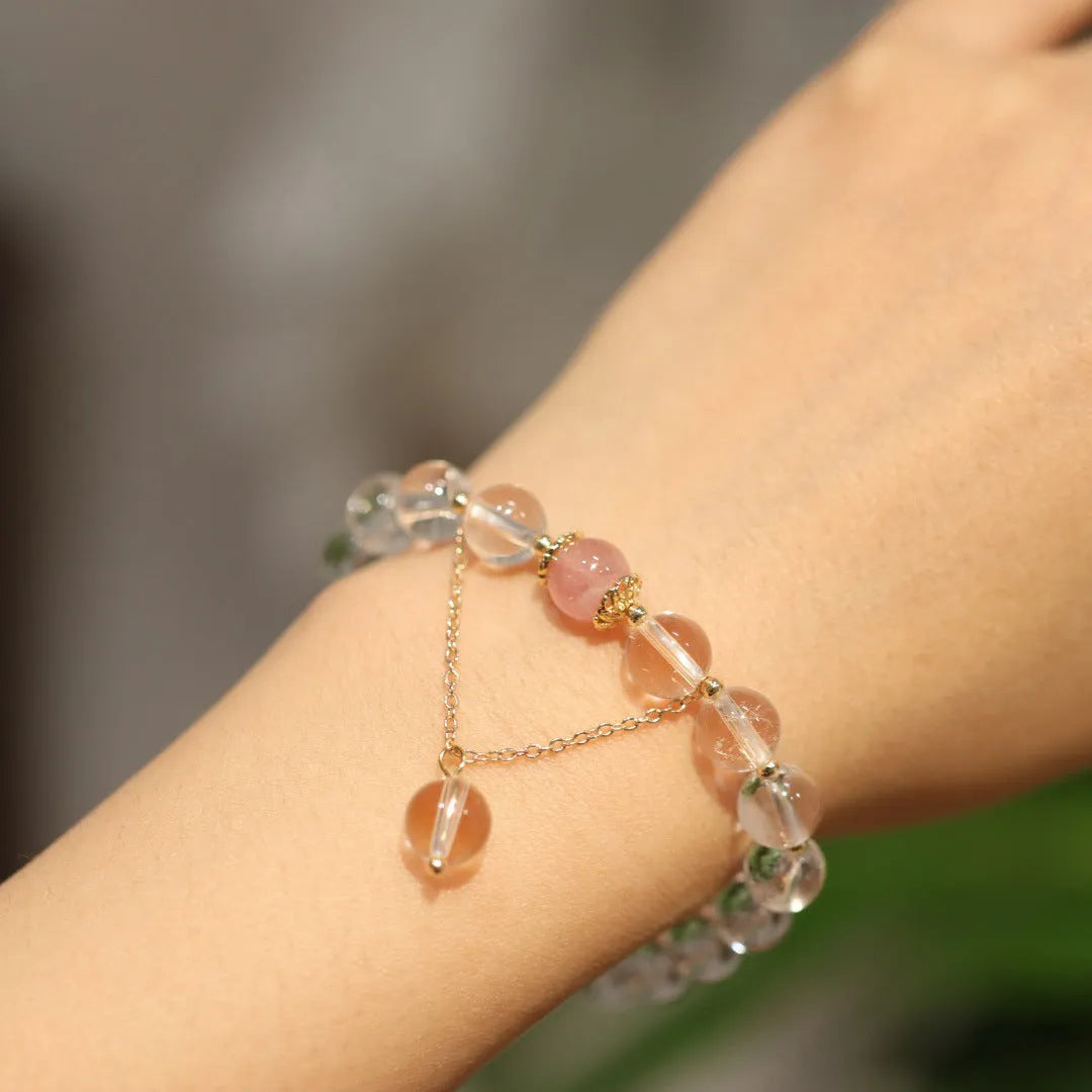 White crystal bracelet with cat eye obsidian stone in geometric Chinese design