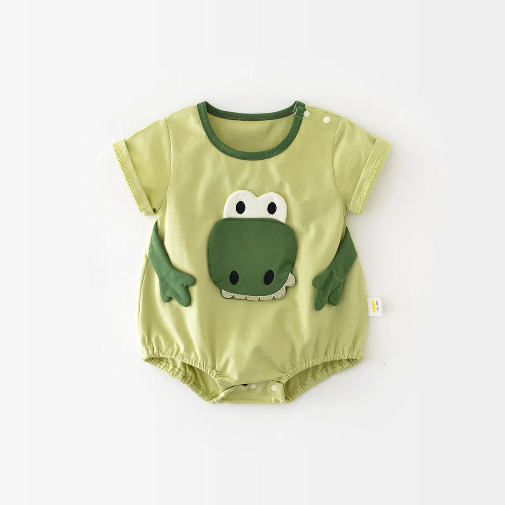 Light green cotton cartoon dinosaur full moon jumpsuit for infants with pullover closure