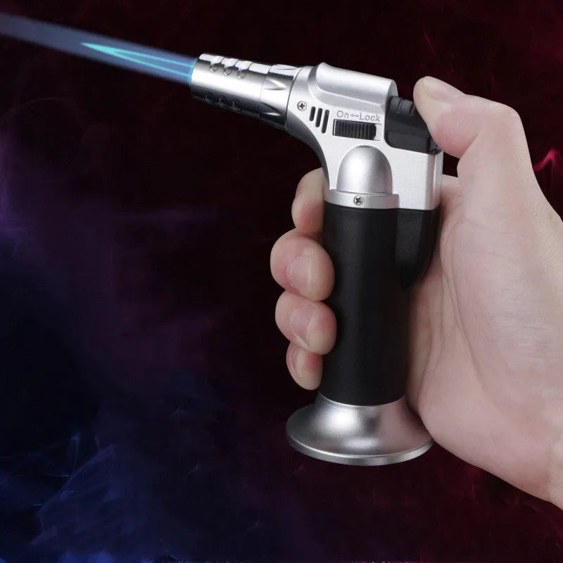 Portable straight cigar flame gun igniter in silver finish with 360° inverted ignition and butane fuel port