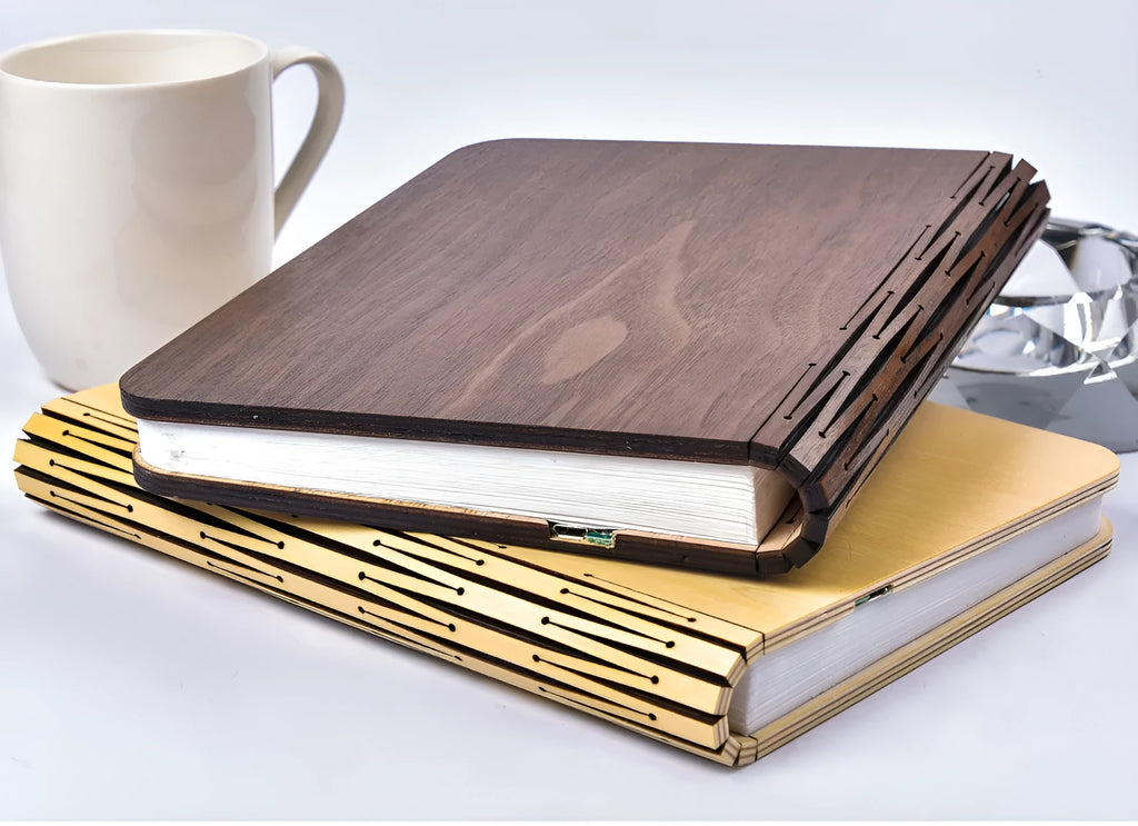 Folding LED book light with wooden cover and DuPont paper, 215x165x30mm, walnut colour, warm white light