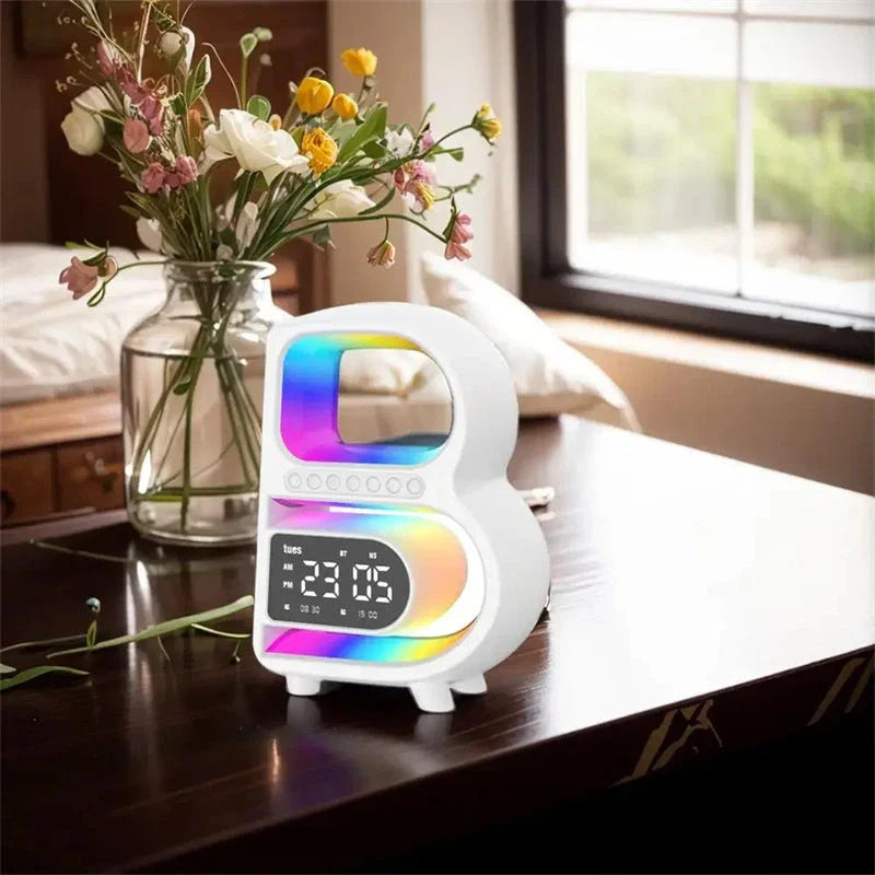 B-shaped Bluetooth desk lamp with wireless charging, adjustable lighting, and alarm clock features