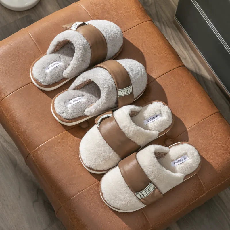 Beige plush cotton indoor slippers with Velcro strap and non-slip plastic sole.