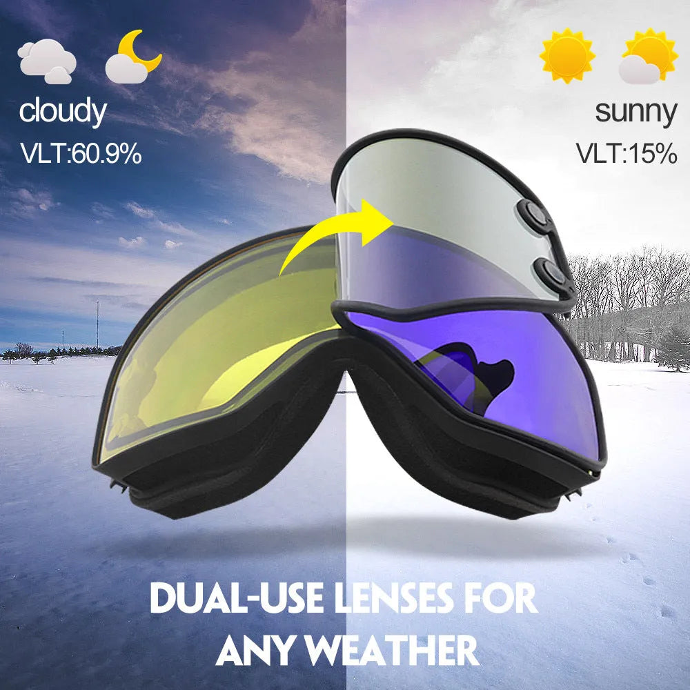 Ski goggles with myopia correction in blue frame, double-layer PC TPU lens for anti-fog and night vision
