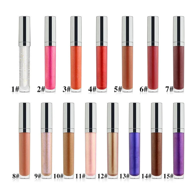 Pearl lip gloss clear lip oil in a logo-free round tube with mirror, pearl light, and water light finish