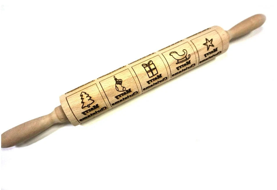 Personalized Christmas rolling pin with a variety of embossed holiday designs, including snowflakes, reindeer, and Merry Christmas patterns