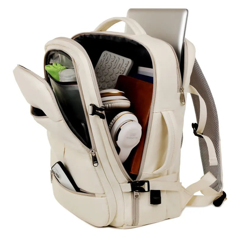 Large waterproof Oxford cloth backpack in a choice of colours, shown with multiple zippered pockets and a 15.6-inch laptop.