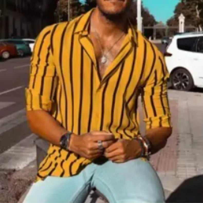 Man wearing a loose-fit striped button shirt in a casual cardigan style