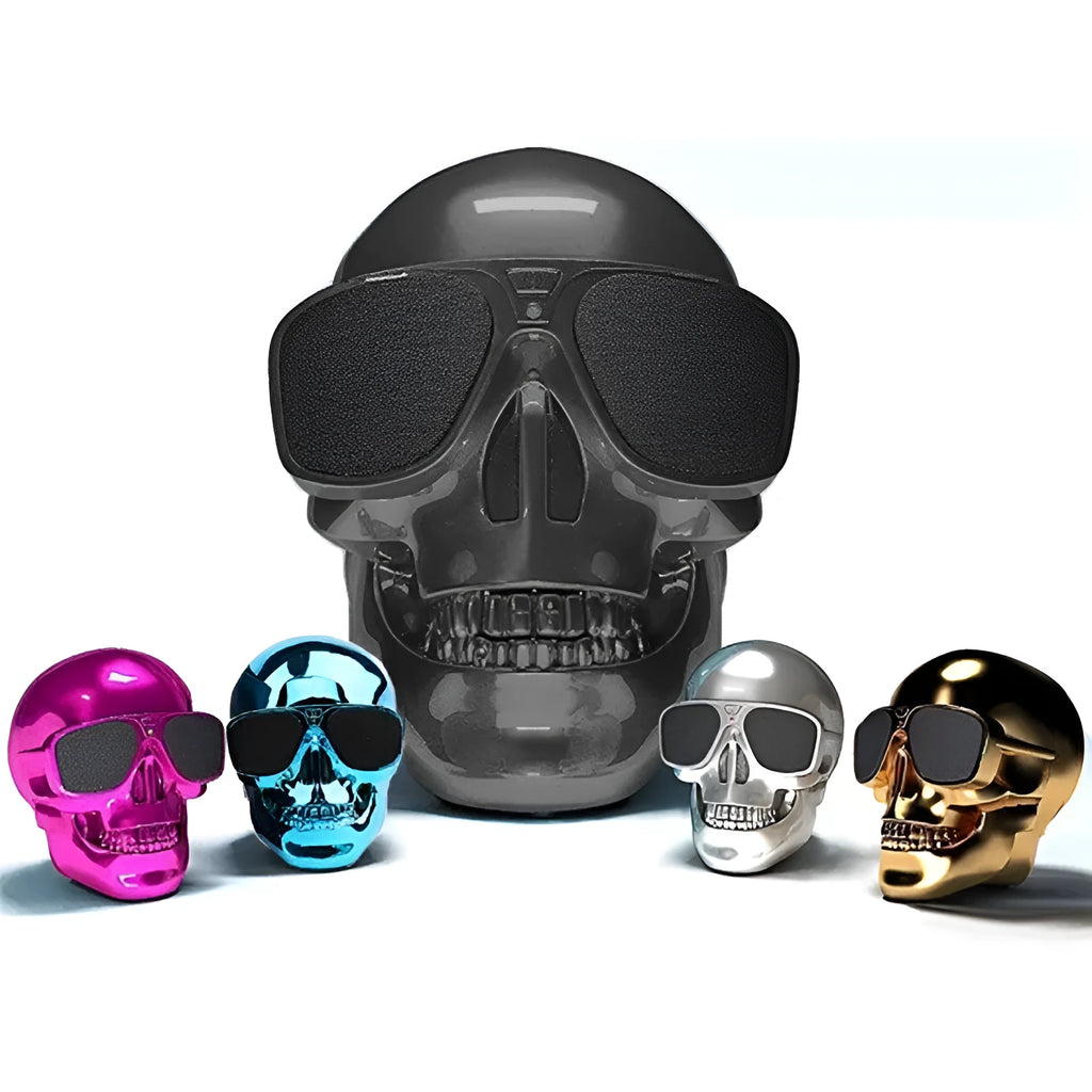 Limited Edition Skull-themed portable Bluetooth speaker in choice of six colours on a table.