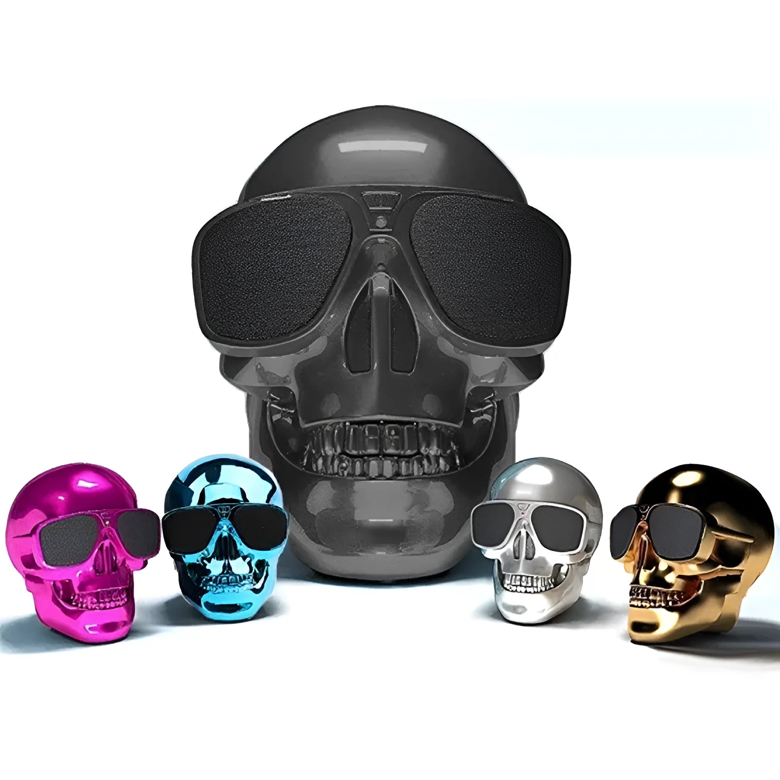Limited Edition Skull-themed portable Bluetooth speaker in choice of six colours on a table.