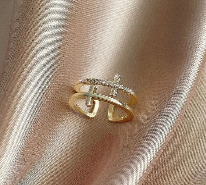 Adjustable double cross geometric copper ring with white gold finish and inlaid zircon gems.