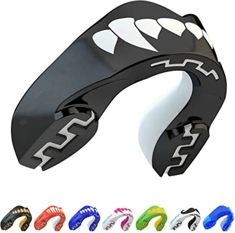 Adult boxing mouthguard with tooth socket design in three colour variations