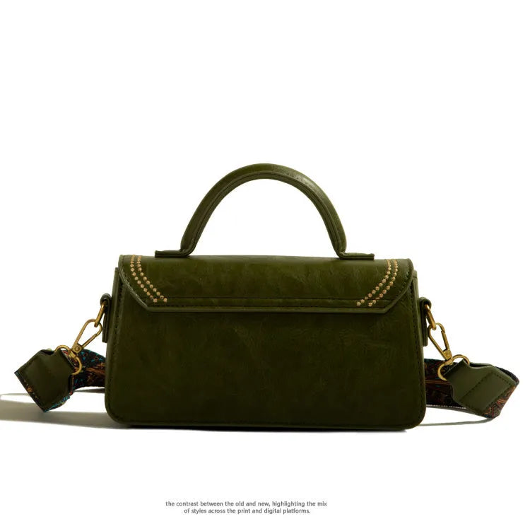 Brown retro messenger bag with sandwich pocket design and sewing thread detailing