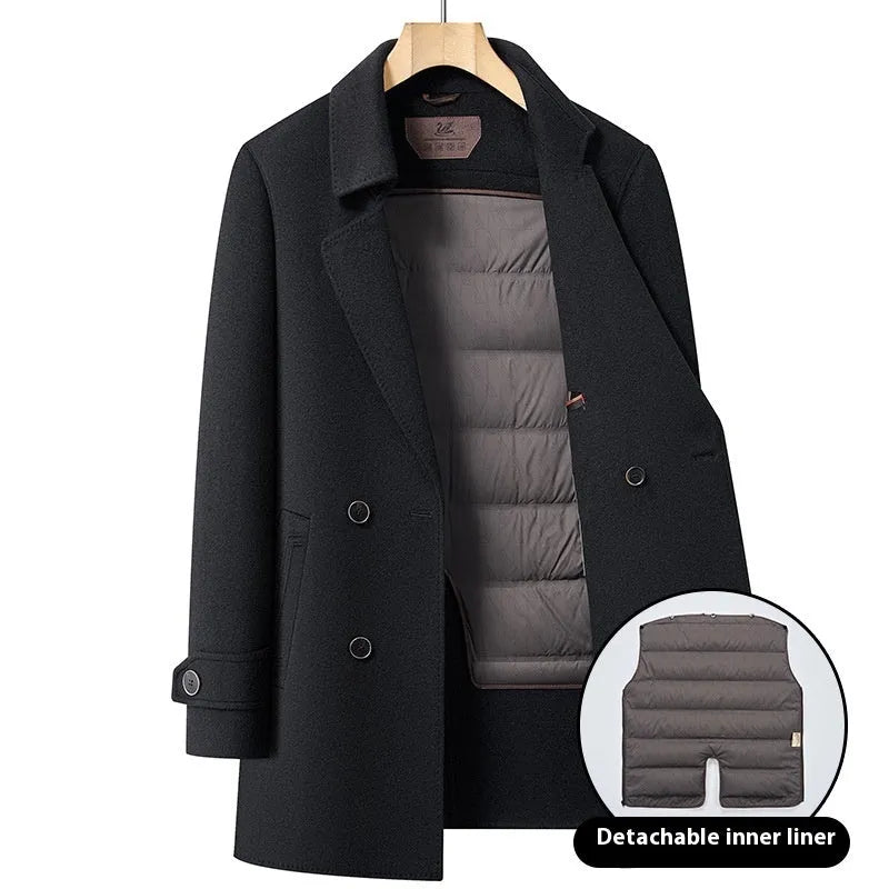 Men's mid-length double-sided wool overcoat with suit collar, rabbit fur, side seam pockets, brown dark grey black