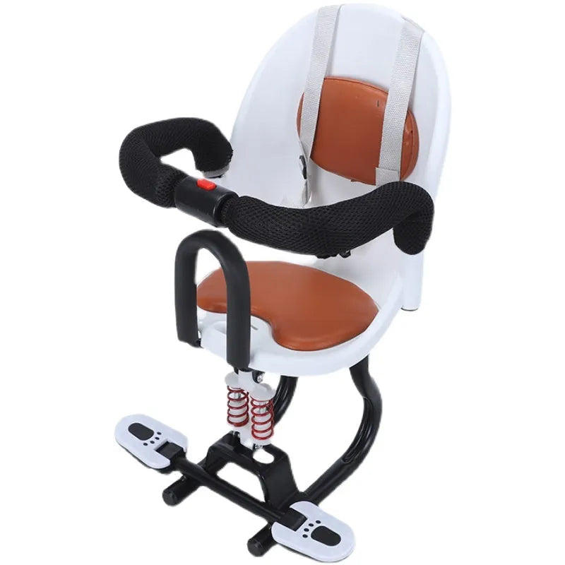 High carbon steel front-mounted child seat for battery scooter in black, red, or white.