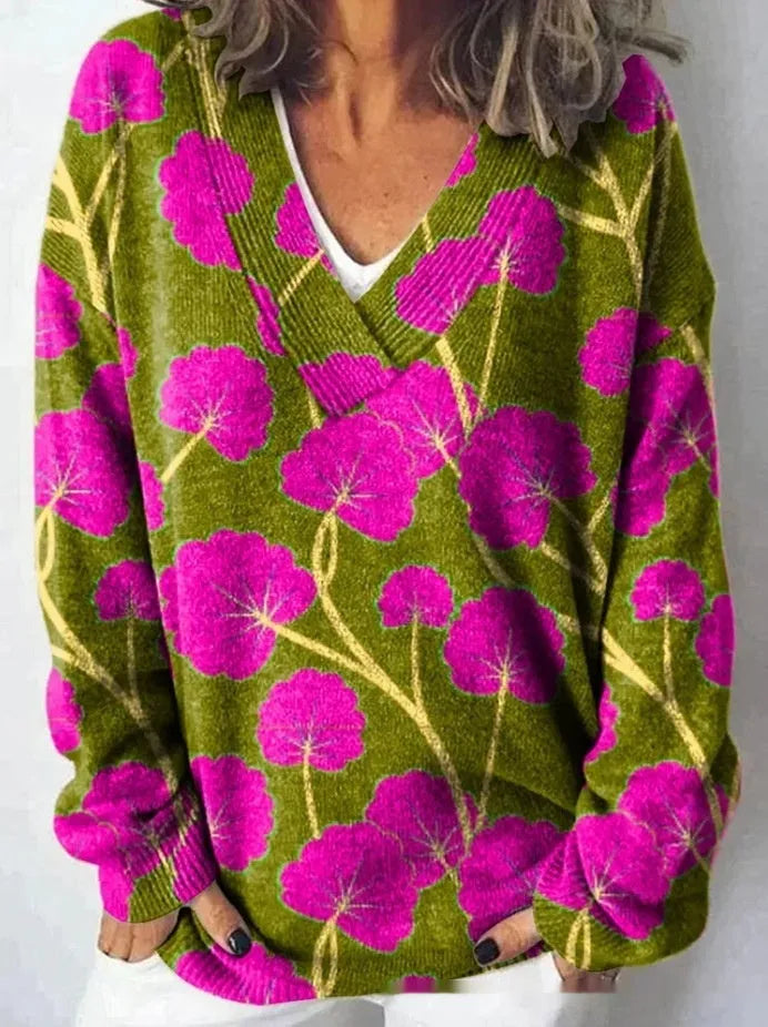 Women's V-neck sweatshirt with a printed 3D floral pattern in an art retro style.