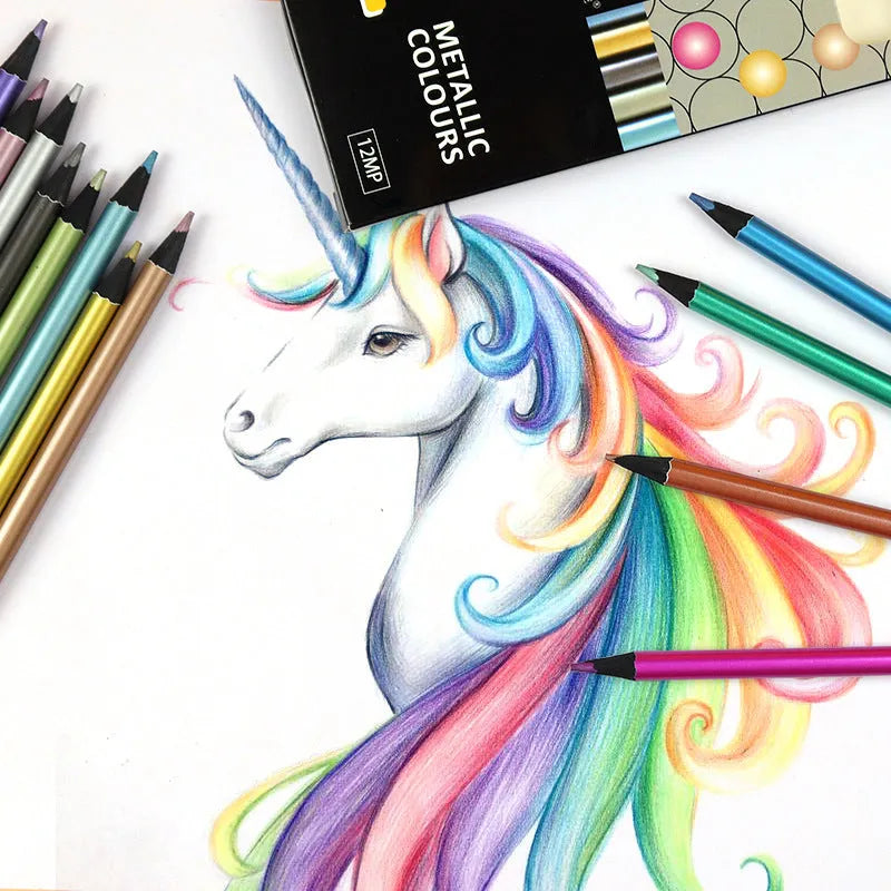 12-color metallic coloured pencils in a box with wood casing and 2B lead core