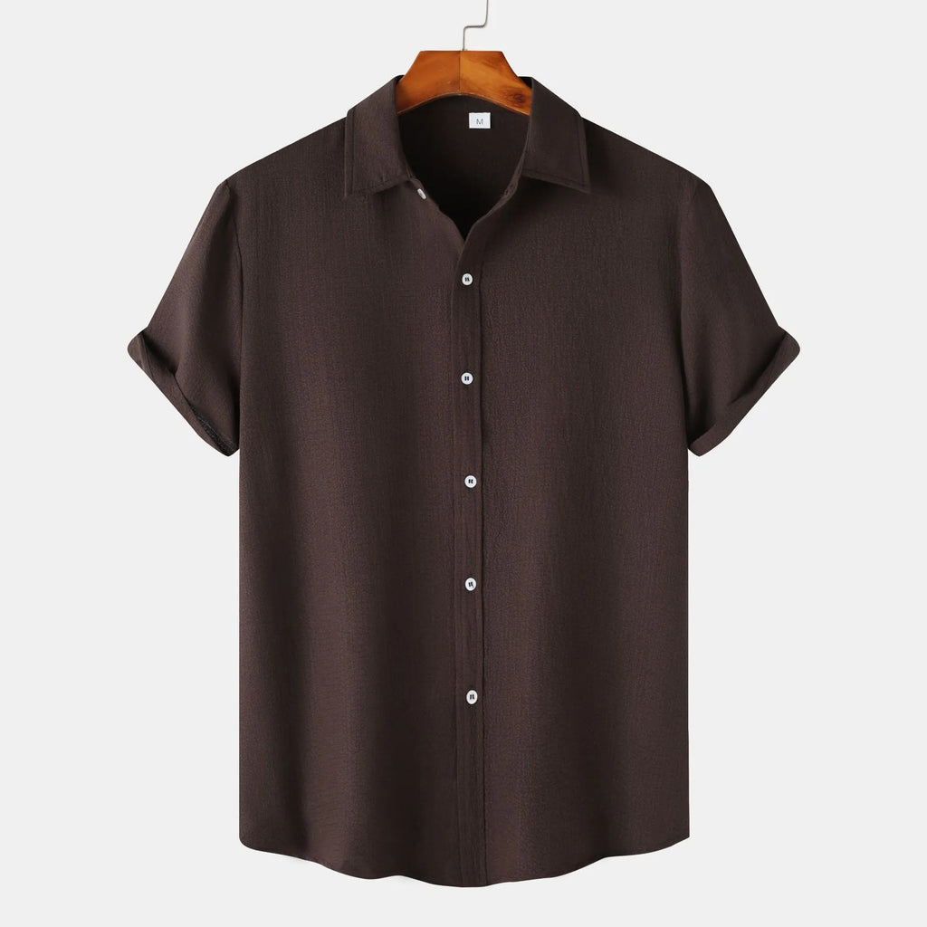 Men's light grey short-sleeve cardigan style casual shirt on a hanger.