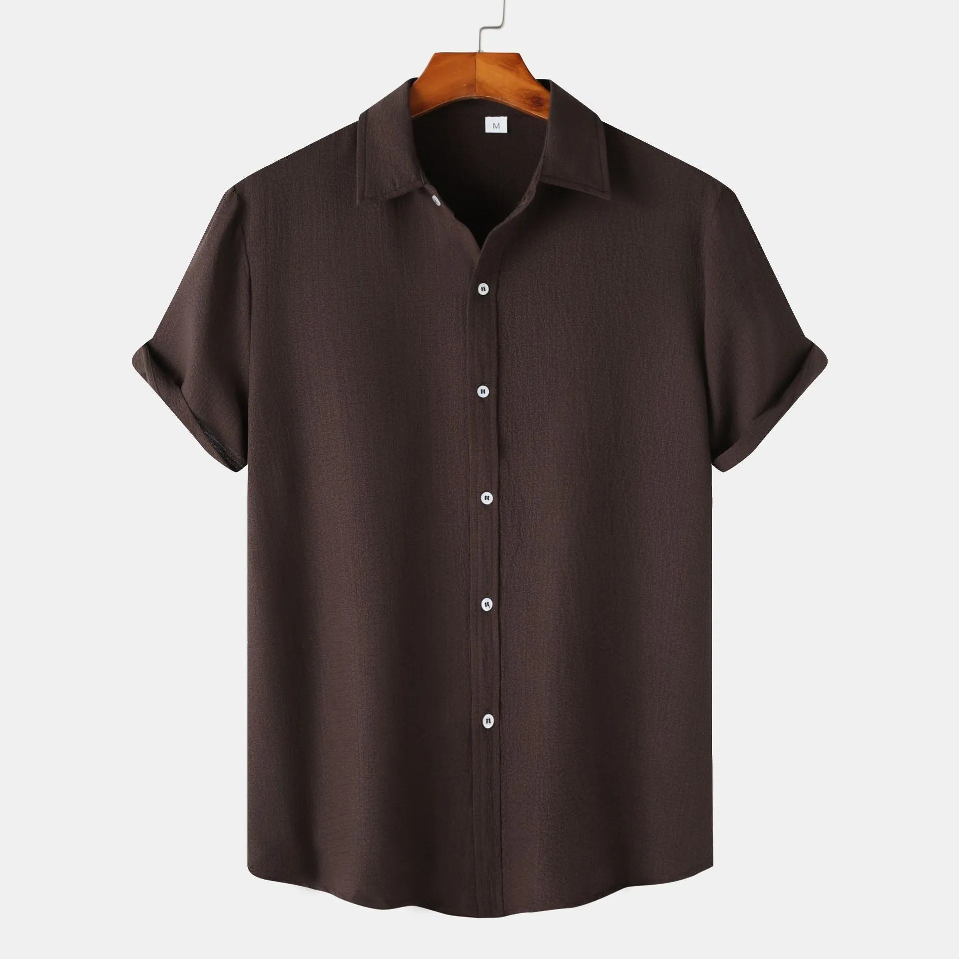 Men's light grey short-sleeve cardigan style casual shirt on a hanger.