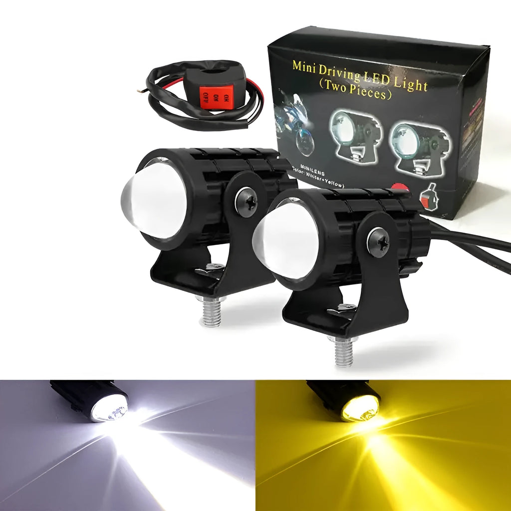 Motorcycle spotlight with dual-colour lens, aluminium housing, showing white and yellow light modes.