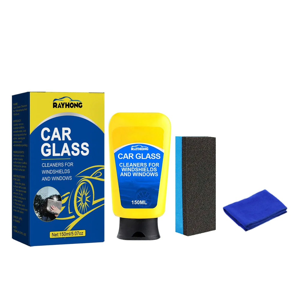 Windshield automotive detergent defogging kit showing 150ml spray bottle, sponge, and cleaning cloth
