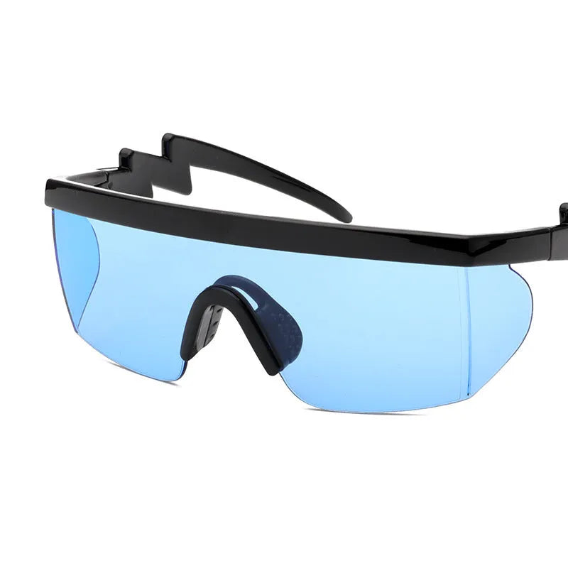 Sports sunglasses with curved foot piece and colourful film options showing UV400 protection