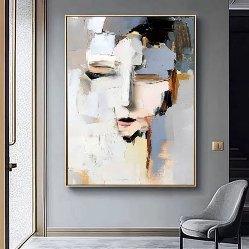 Abstract woman portrait hand-painted oil painting on canvas, modern black and white vertical one-panel wall art, unframed