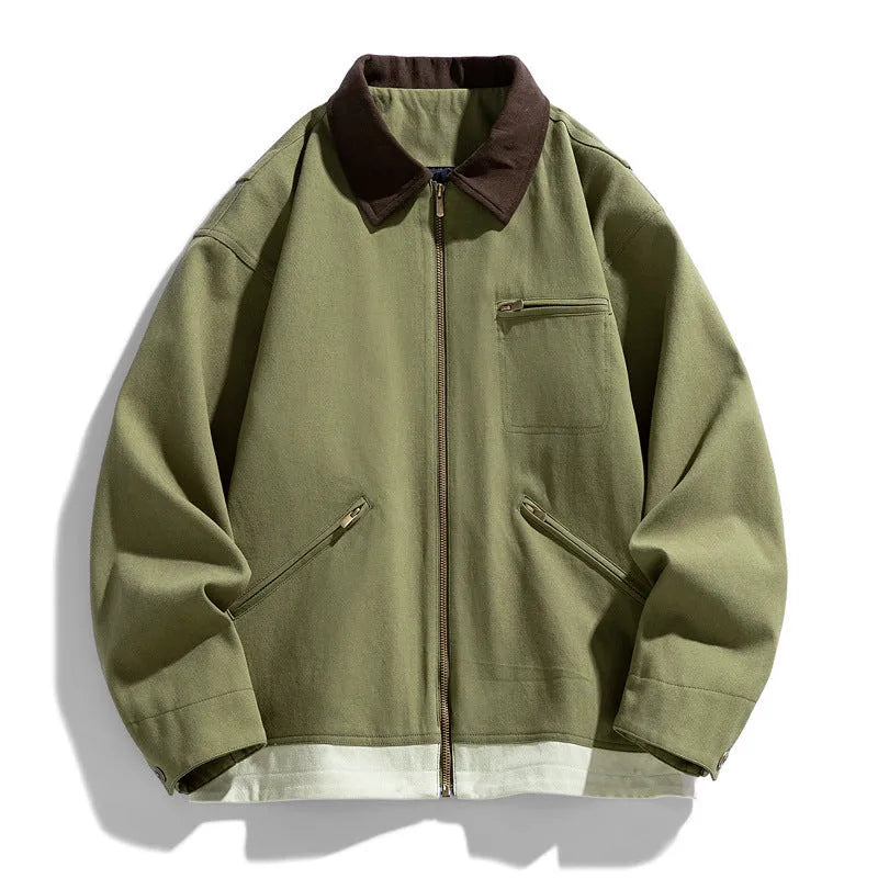 Men's loose-fit Korean retro workwear jacket with contrast lapels in olive green