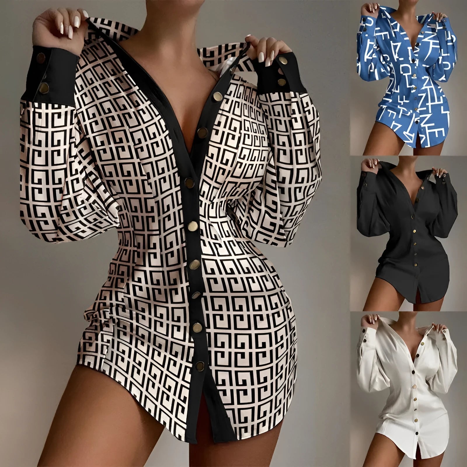 Women's art retro button-up shirt with printed waist fastener in matel silk and cashmere blend.